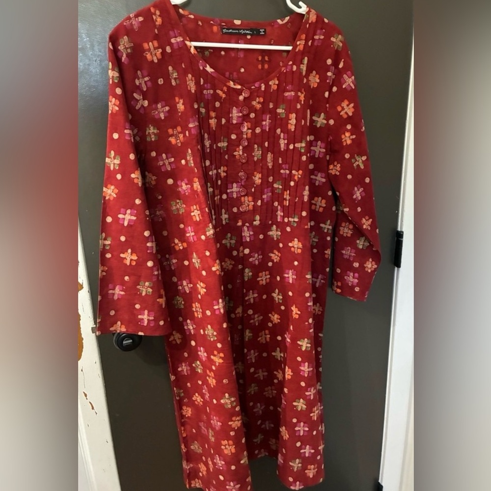 Gudrun Sjoden Red Patterned Button-Front Tunic Dr… - image 1